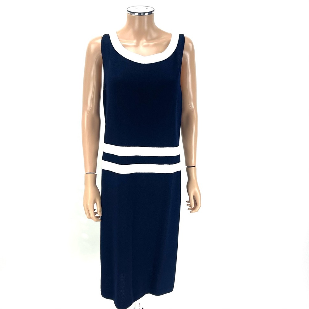 ST JOHN COLLECTION Sleeveless Sheath Dress SIZE 14 Navy White Santana Knits